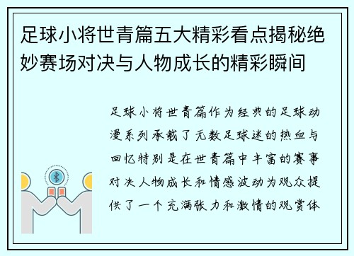 足球小将世青篇五大精彩看点揭秘绝妙赛场对决与人物成长的精彩瞬间