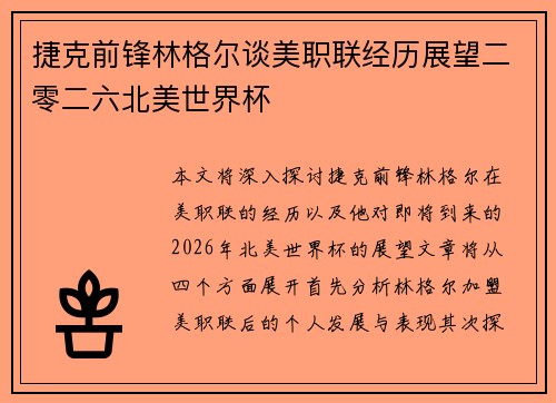 捷克前锋林格尔谈美职联经历展望二零二六北美世界杯
