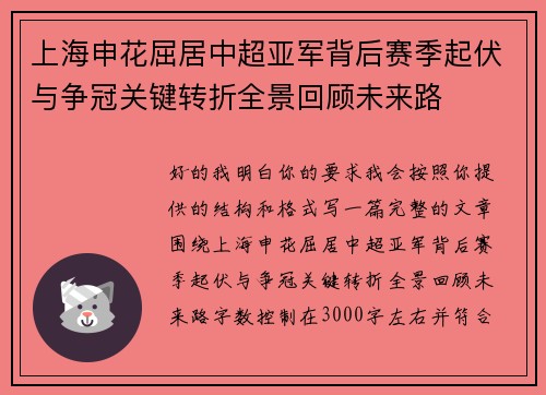 上海申花屈居中超亚军背后赛季起伏与争冠关键转折全景回顾未来路